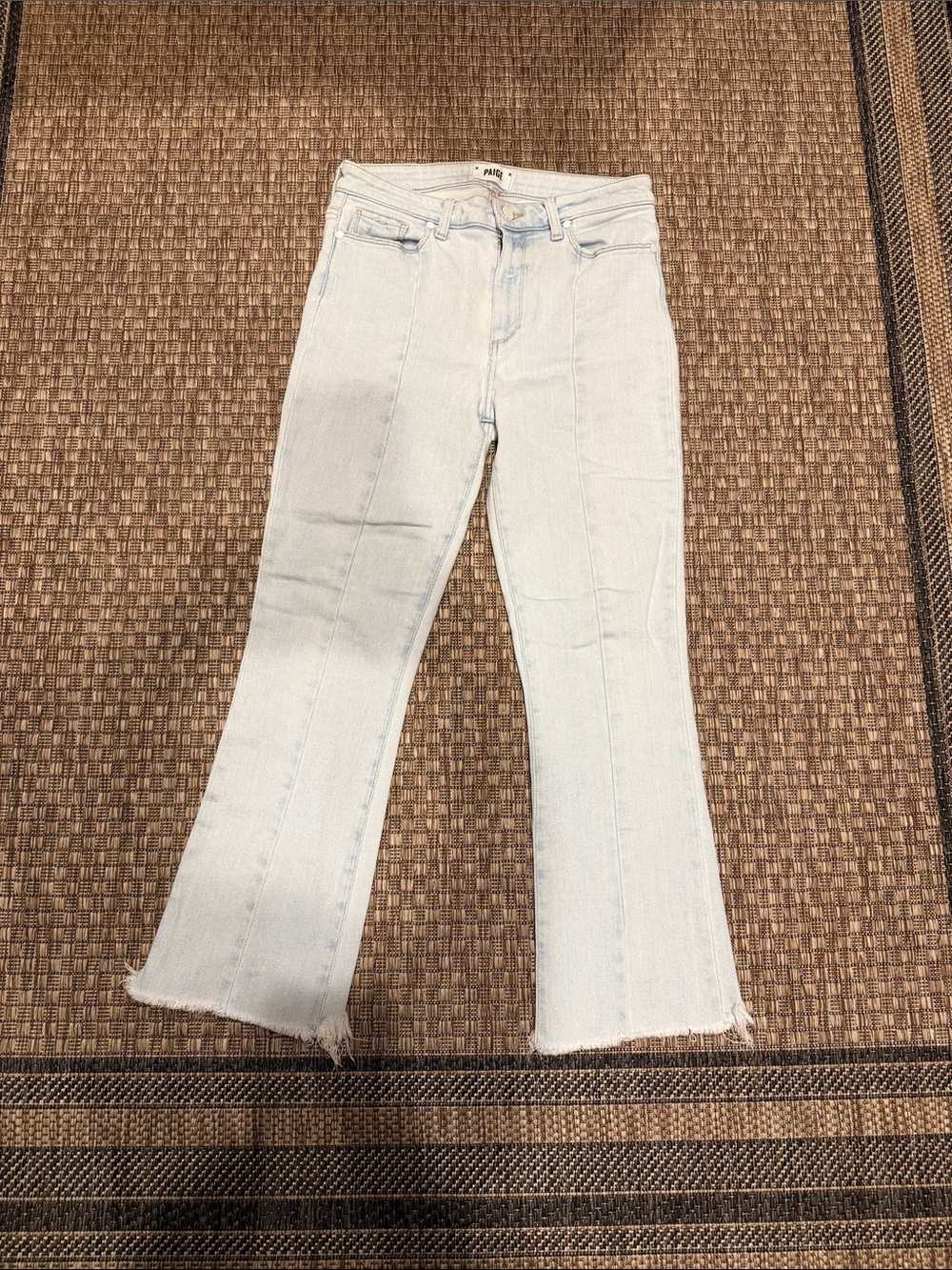 PAIGE Pale Blue High-Rise Flare Jeans with Raw Hem